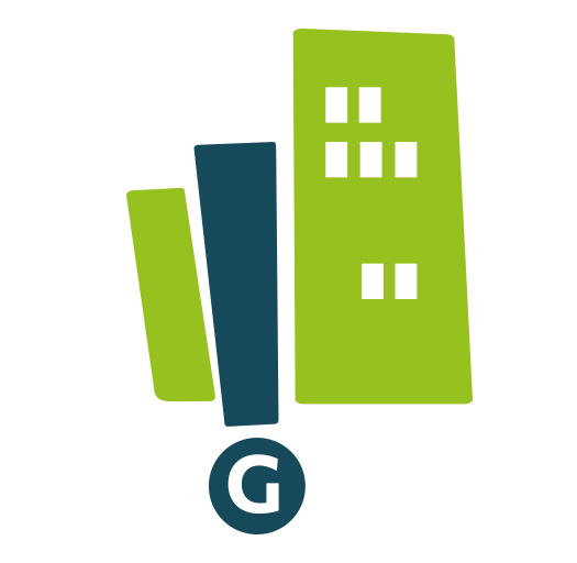 Picto du logo de Basset gestion, immeuble et point d'interrogation en bleu et vert, création Graphik Projects