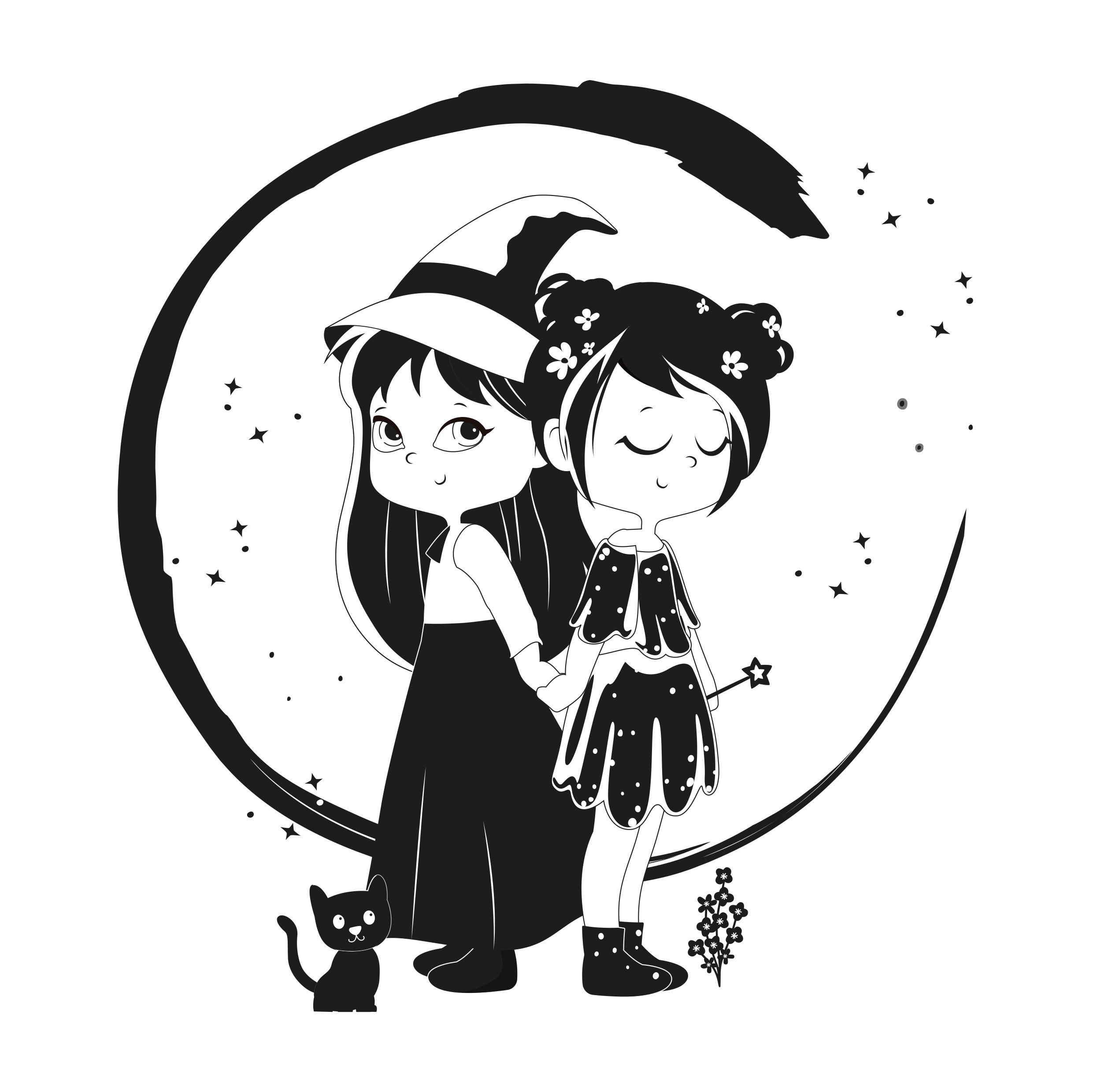 Les énergies d'amour d'Adélaïde, illustration du logo en noir et blanc, deux petites filles, une sorcière et une fée qui se tiennent de dos.