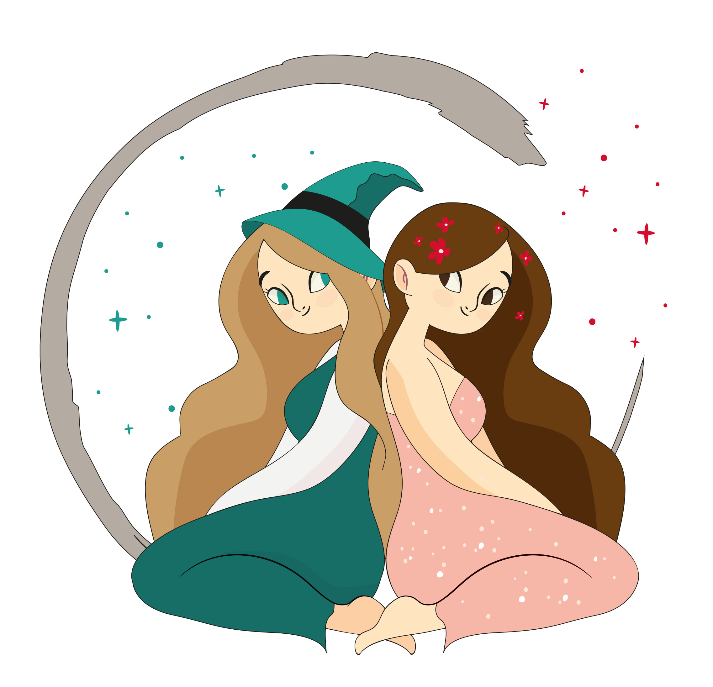 Les énergies d'amour d'Adélaïde, illustration du logo en couleurs, 2 petites filles, 1 sorcière et 1 fée qui se tiennent le dos, assises