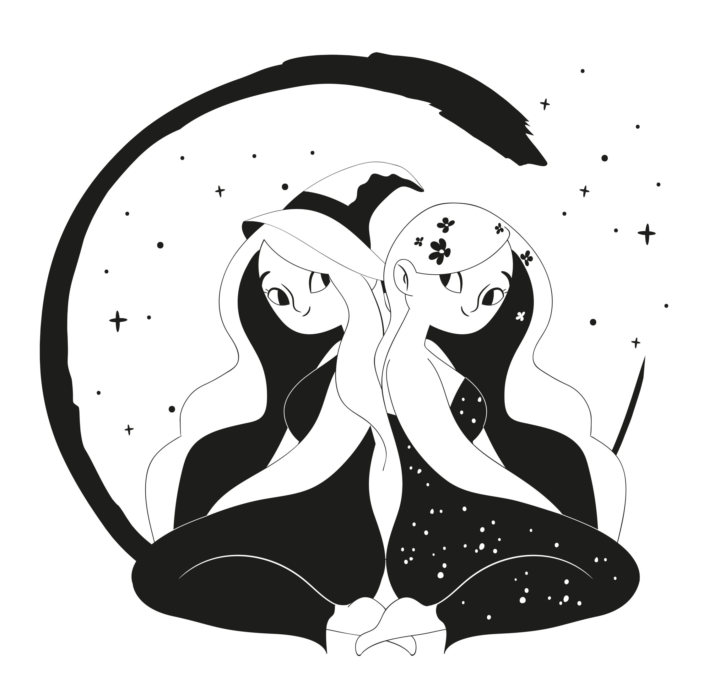 Les énergies d'amour d'Adélaïde, illustration du logo en noir et blanc, 2 petites filles, 1 sorcière et 1 fée qui se tiennent le dos, assises