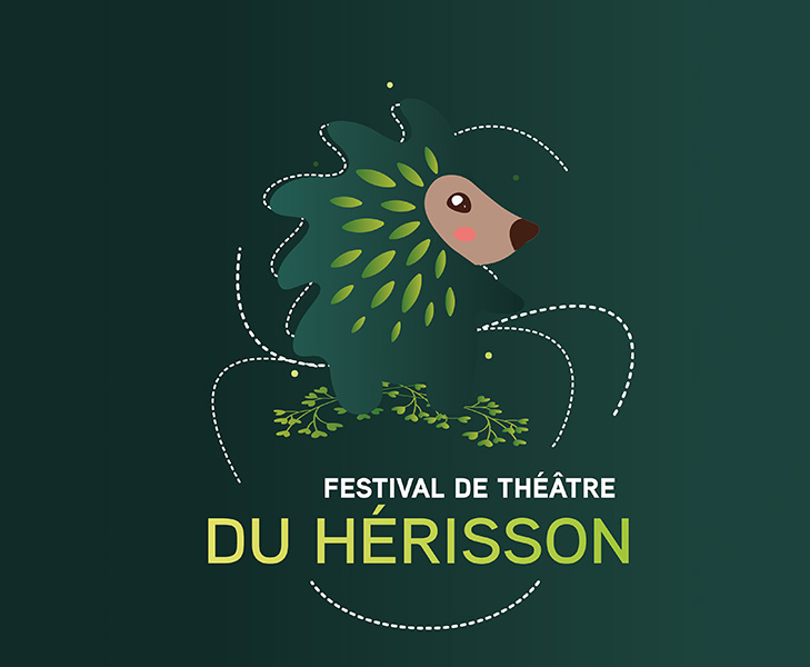 Festival de théâtre du hérisson : Logo du Pictogramme de l'association avec un hérisson mignon sur fond vert.