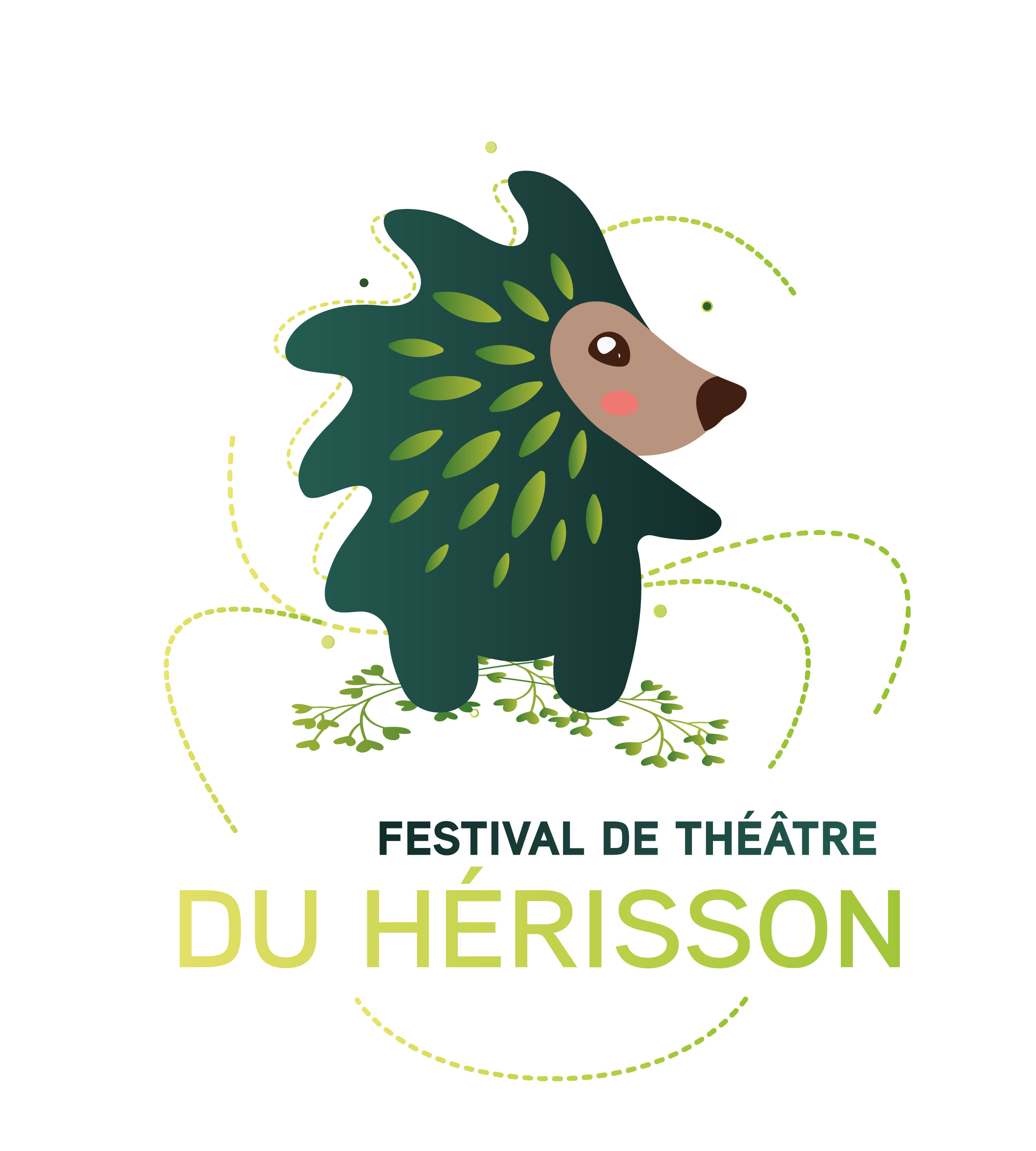 Festival de Théâtre du Hérisson, Logo en couleur sur fond de blanc avec la mascotte hérisson mignon