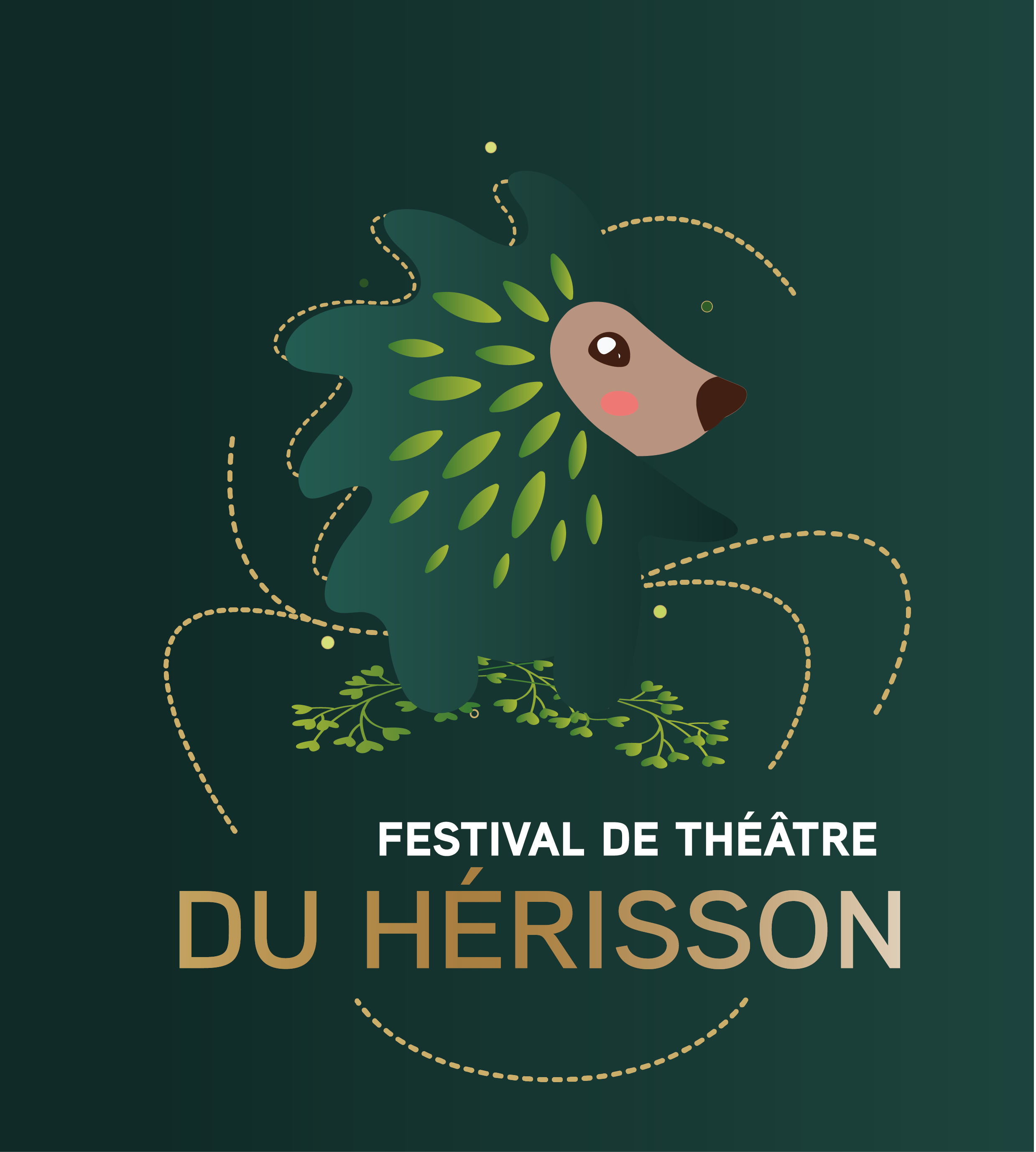 Festival de Théâtre du Hérisson, Logo anniversaire texte doré sur fond de dégradé vert avec la mascotte hérisson mignon