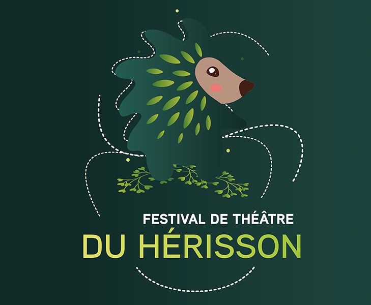 Logo du Festival de théâtre du hérisson : Pictogramme de l'association avec un hérisson mignon sur fond vert.