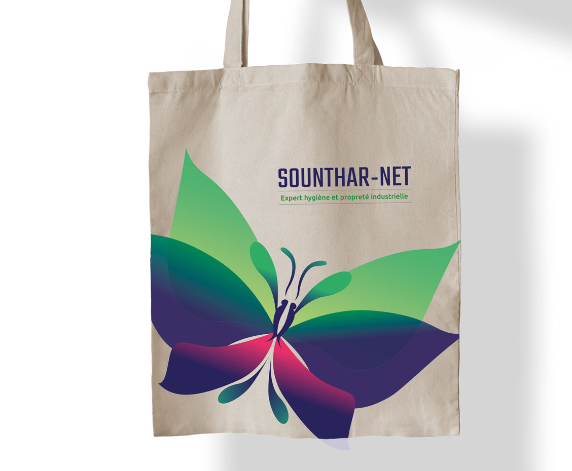 Sounthar-net tote-bag avec le logo et le papillon du picto en couleur