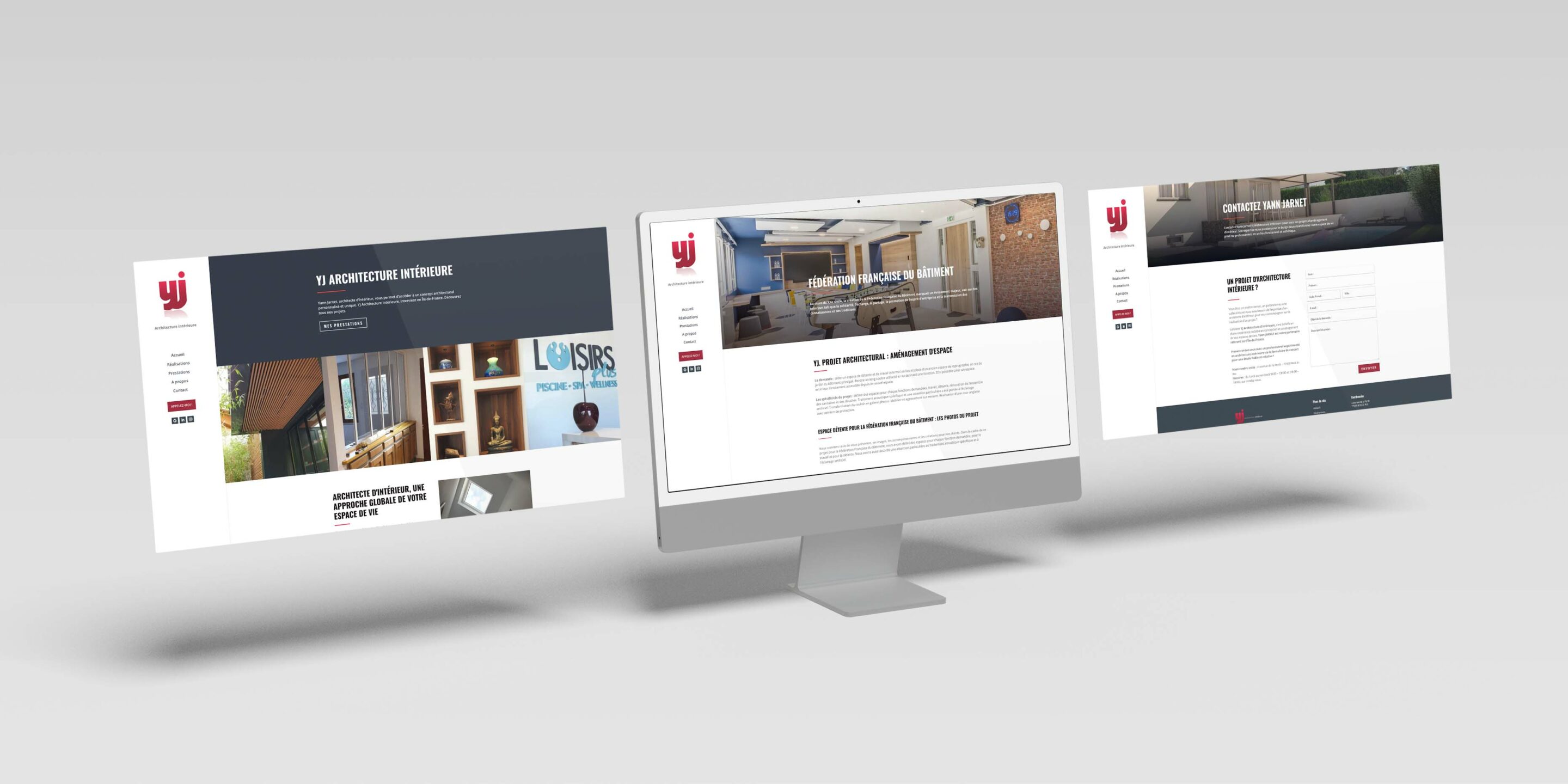 YJ Architecture intérieur : Présentation des pages d'accueil, projet et contact du site internet