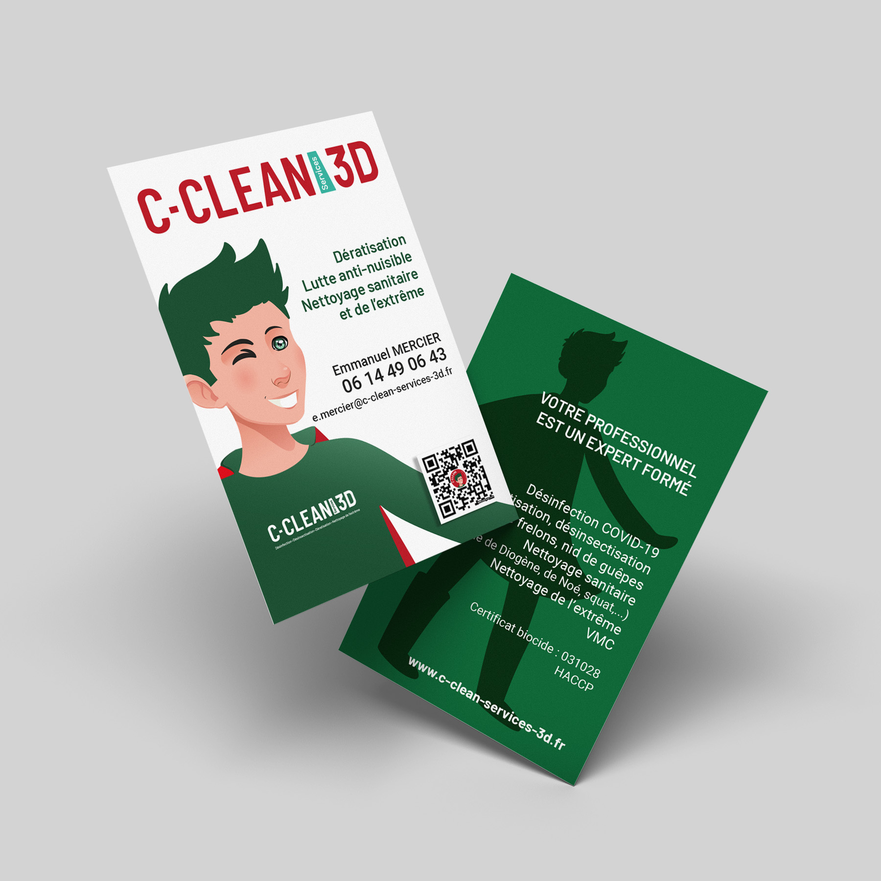 Cartes de visite de la société C-CLEAN Services 3D en couleurs avec un lutin en mascotte.