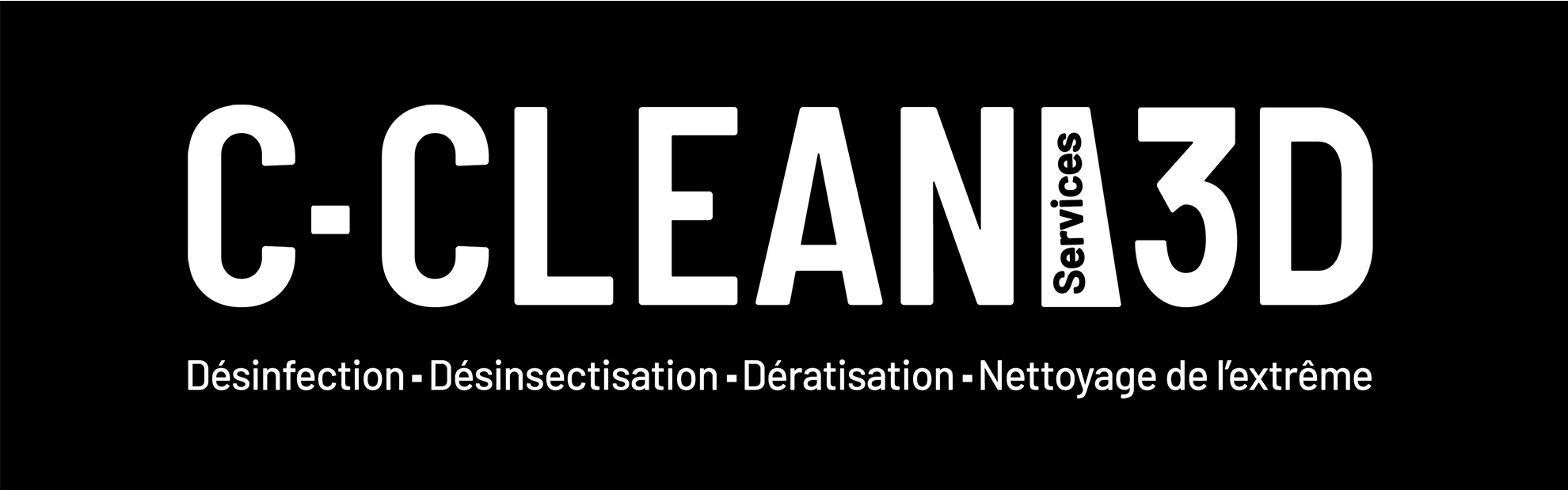 Logo de la société C-CLEAN Services 3D en lettres capitales version blanc sur fond noir.