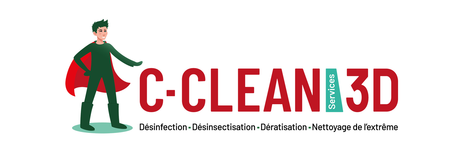 Logo de la société C-CLEAN Services 3D avec en mascotte un lutin vert souriant avec une cape rouge.