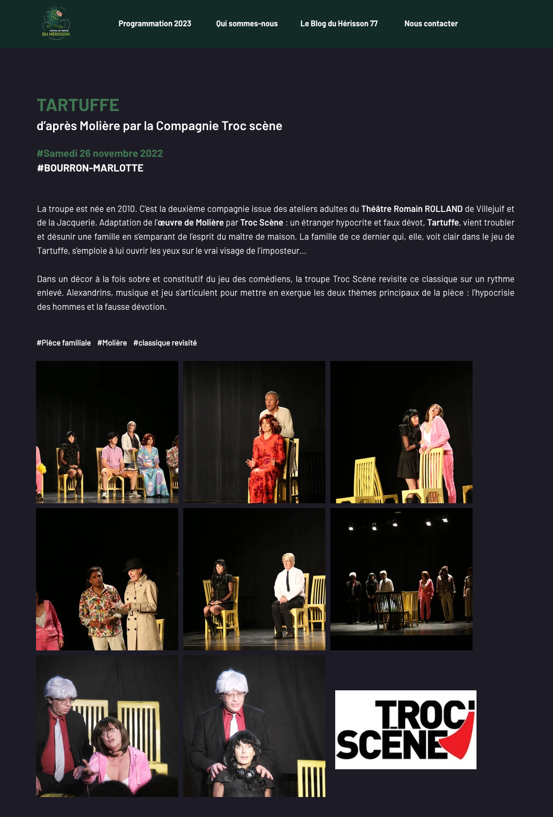 Page de présentation d'une compagnie de Théâtre (photos de la représentation et textes) pour le Festival de Théâtre du Hérisson. Sur fond noir.