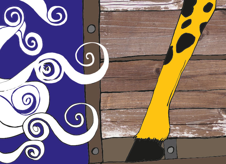 Livre illustré, La Joconde en fuite. Illustration portrait de girafe couleur