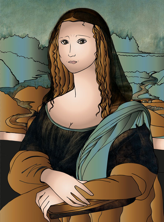 Livre illustré, La Joconde en fuite. Illustration portrait de Mona Lisa recherche émotions