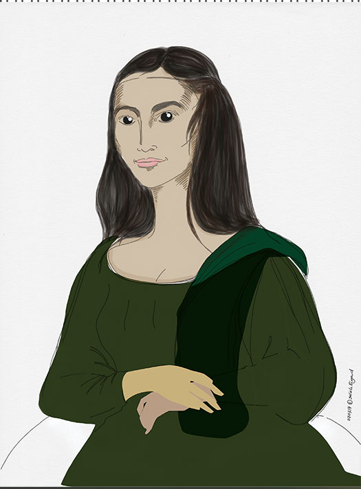 Livre illustré, La Joconde en fuite. Illustration portrait dessiné recherche de stylede Mona Lisa