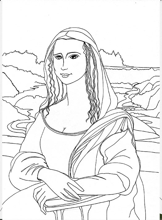Livre illustré, La Joconde en fuite. Illustration portrait dessiné de Mona Lisa