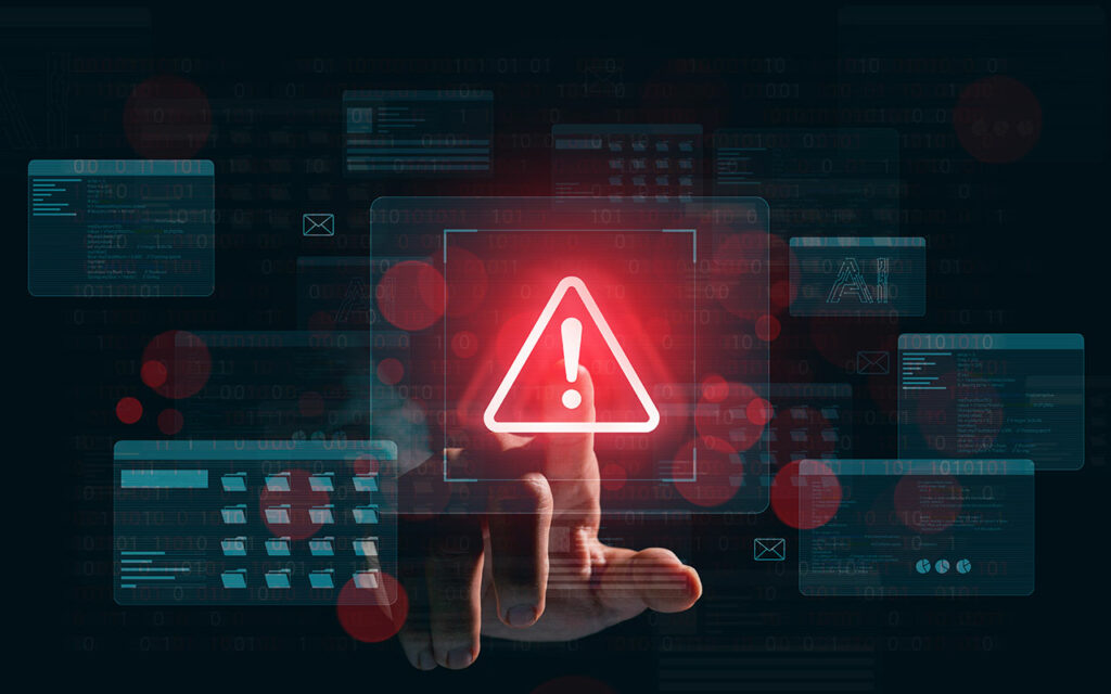 Visuel pour alerte cyberattaque web : panneau danger rouge sur vos ordinateurs